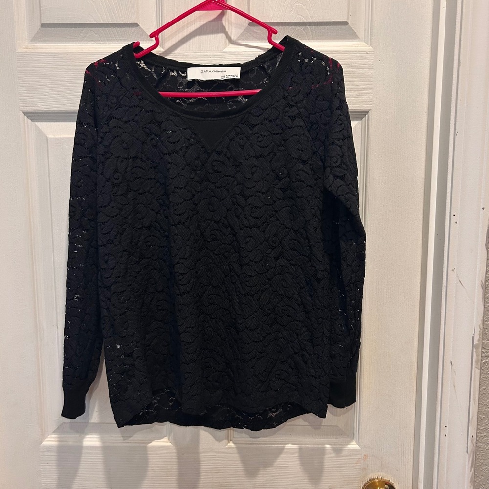 Zara Collection Black‎ Lace Long Sleeve Top Women's Size Large Sweatshirt Style